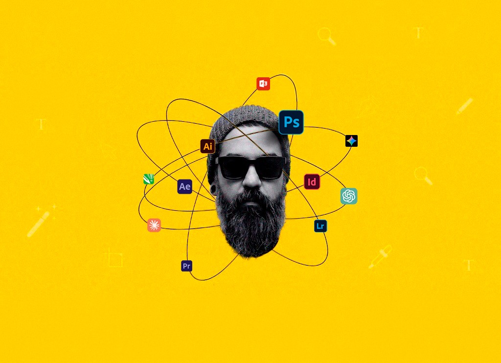 Ferramentas e softwares usados no dia a dia: Photoshop, Illustrator, InDesign, Premiere, After Effects, Lightroom e IA
